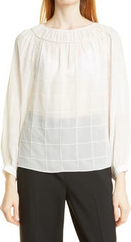 Rebecca Taylor Chiffon Grid Sheer Long Sleeve Silk Top