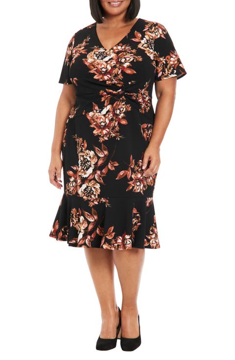 Floral Short Sleeve Twist Front Midi Dress (Plus)
