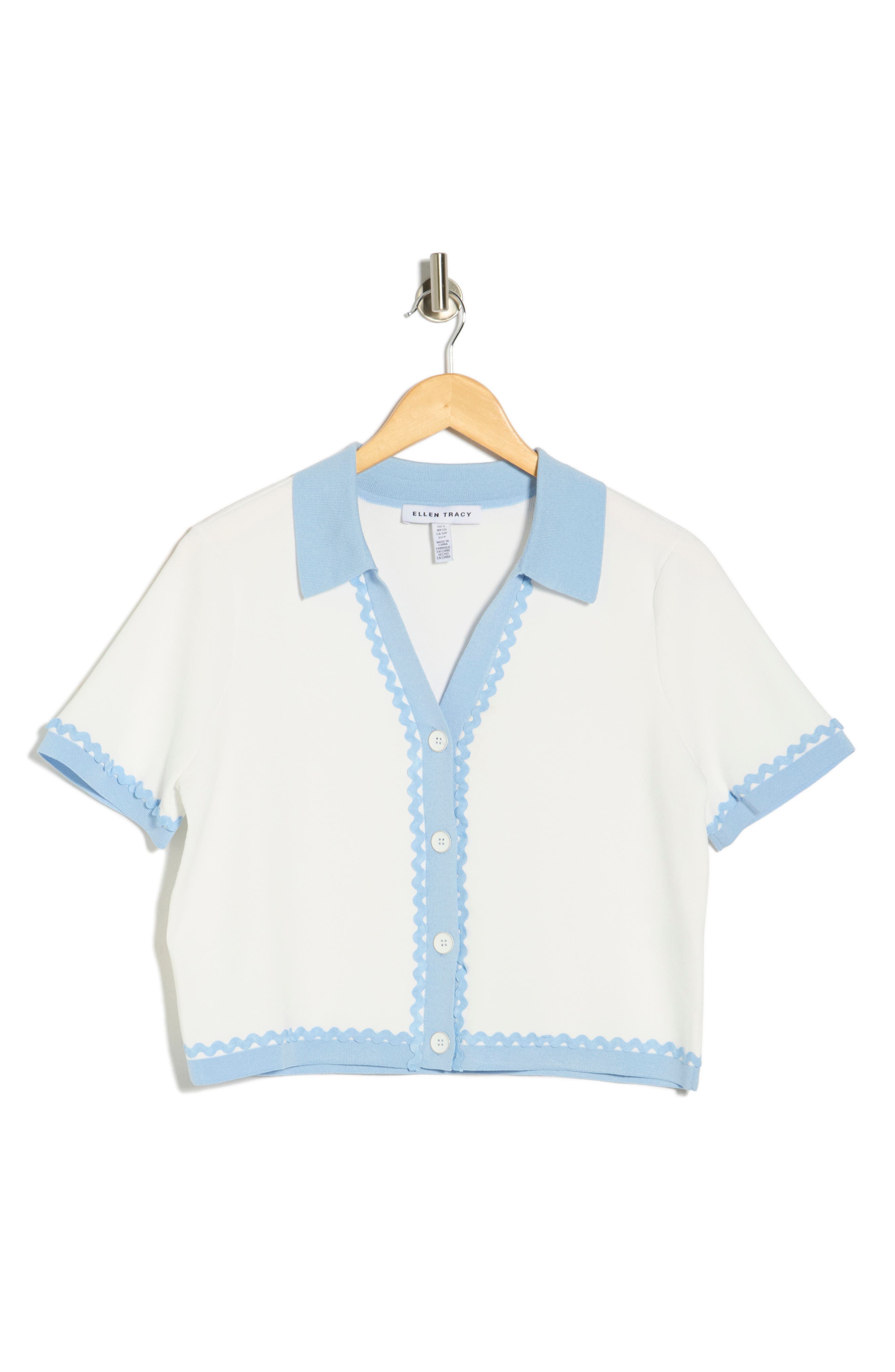 Ellen Tracy Stripe Lace Trim Short Sleeve Cardigan