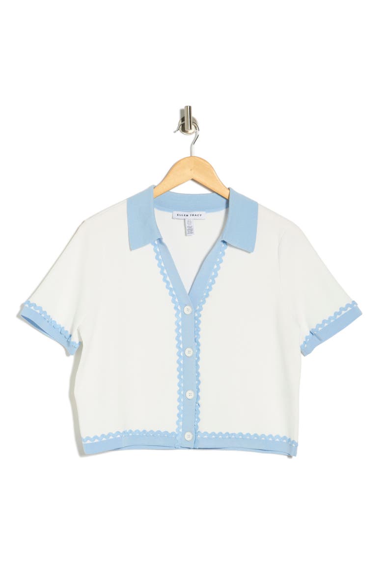 Stripe Lace Trim Short Sleeve Cardigan, Alternate, color, WHITE
