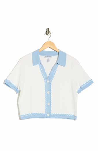 Ellen Tracy Stripe Lace Trim Short Sleeve Cardigan