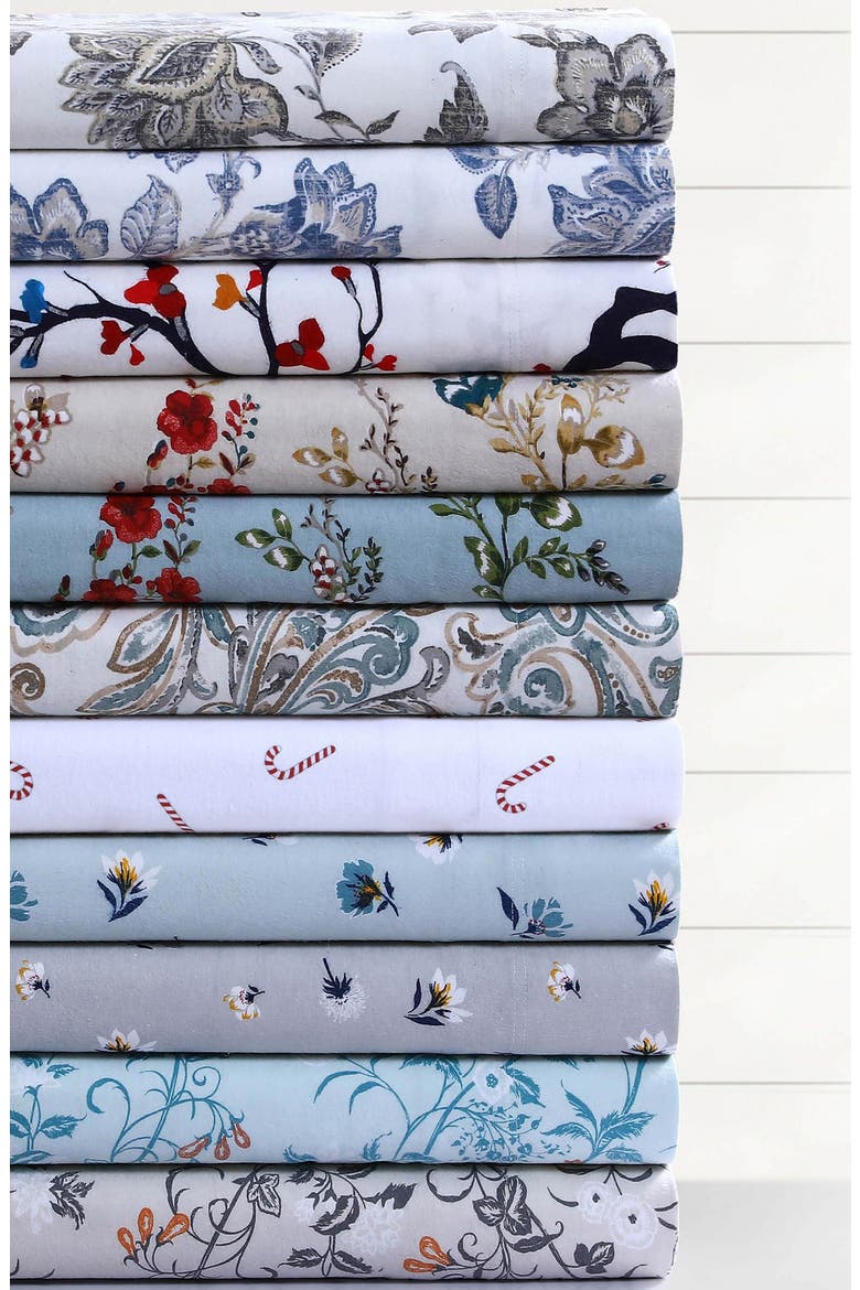 Ayana Floral Cotton Flannel Sheet Set, Alternate, color, DEEP BLUE