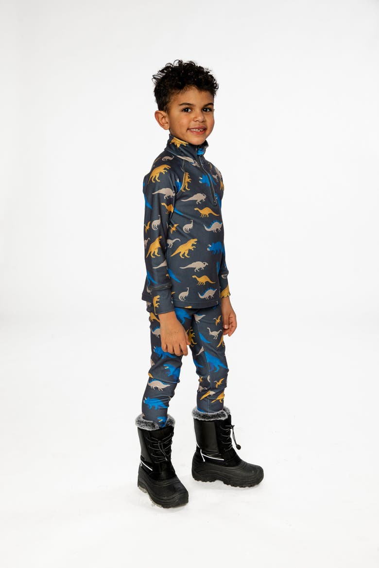 Two Piece Dinosaur Brushed Half-Zip Top & Pants Thermal Underwear, Alternate, color, Grey and Blue Dinosaur Print