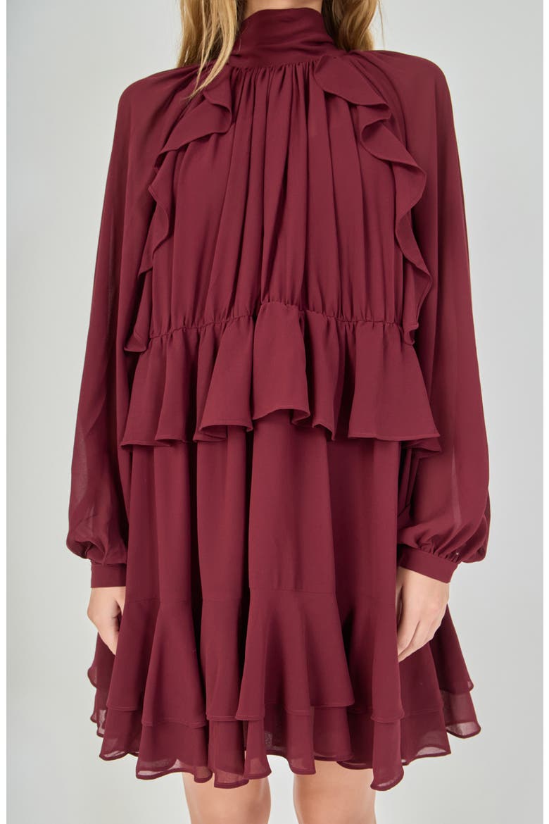 Ruffle Tie Back Long Sleeve Chiffon Dress, Alternate, color, BORDEAUX