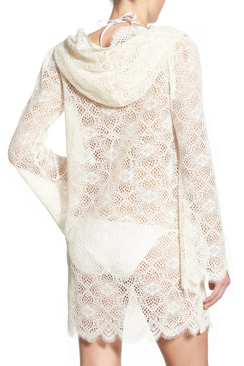 'Cannes' Floral Lace Hooded Cover-Up, Alternate, color, WHITE