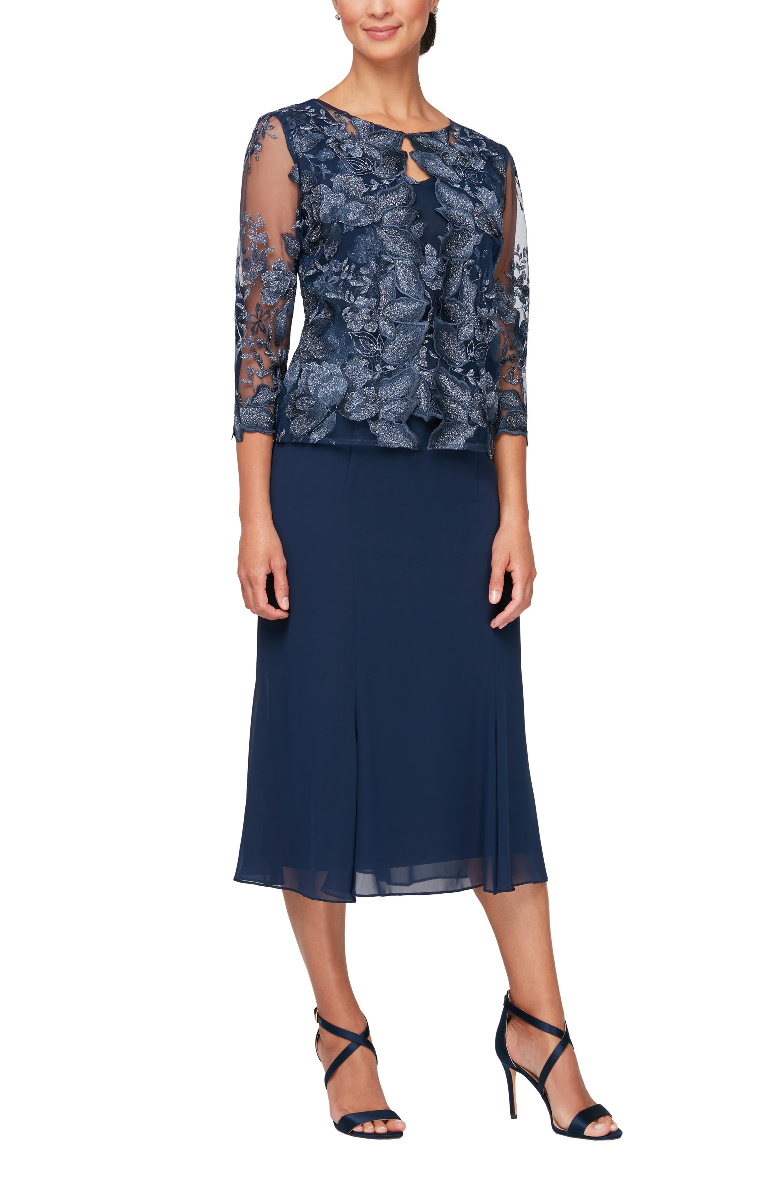 Alex Evenings Mock Jacket Midi Dress in Navy 