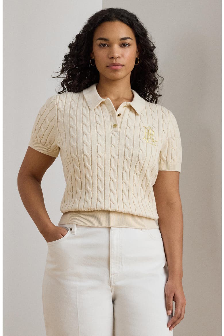 Embroidered Logo Cotton Polo Sweater, Alternate, color, MASCARPONE CREAM