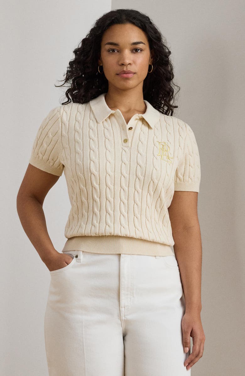 Lauren Ralph Lauren Embroidered Logo Cotton Polo Sweater, Alternate, color, Mascarpone Cream