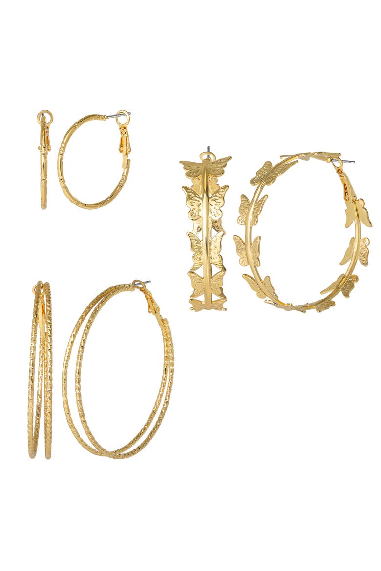 3-Piece Gold-Tone Hoop Earring Set with Butterfly Details, Main, color, Gold