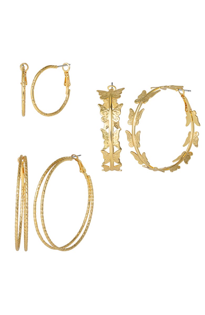 Jessica Simpson 3-Piece Gold-Tone Hoop Earring Set with Butterfly Details, Main, color, Gold