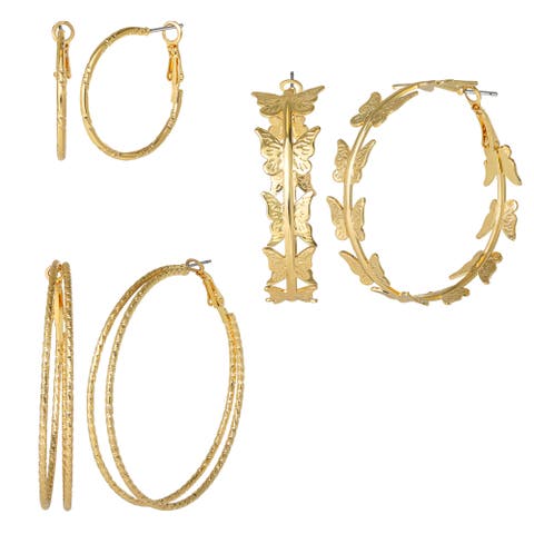 3-Piece Gold-Tone Hoop Earring Set with Butterfly Details