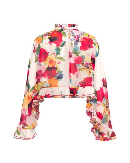 Theo The Label Theia Orchid Print Ruffle Blouse In Mandarine Flower