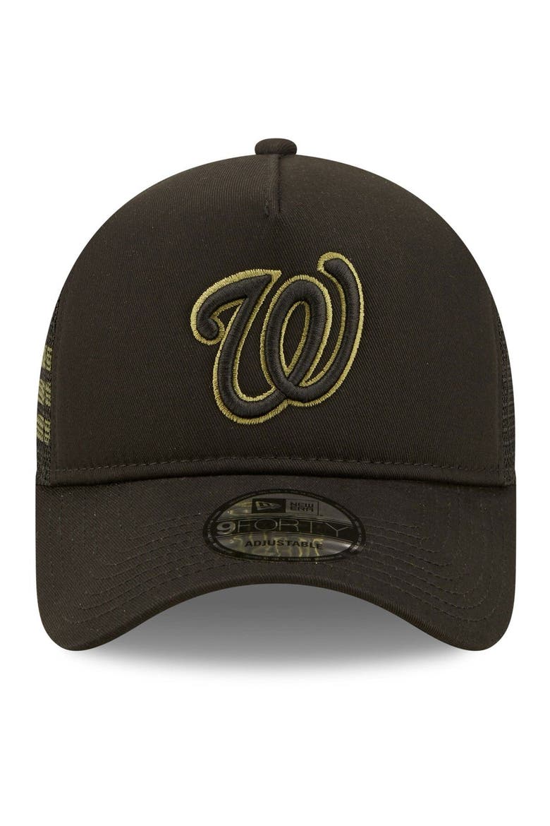 Men's New Era x Alpha Industries Black Washington Nationals A-Frame 9FORTY Trucker Snapback Hat, Alternate, color, Black