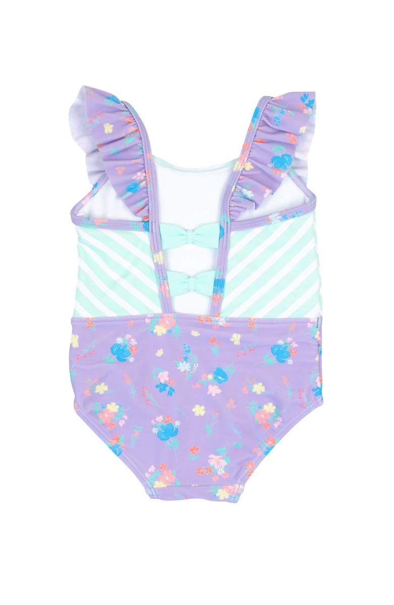 RuffleButts Girls UPF50+ Pinafore One Piece, Alternate, color, Purple Garden