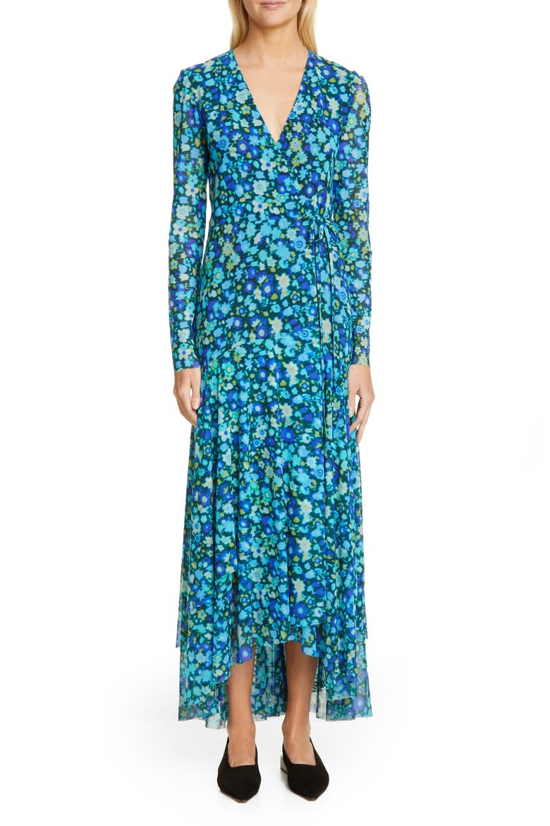 Floral Print Mesh Long Sleeve Maxi Wrap Dress, Main, color, AZURE BLUE