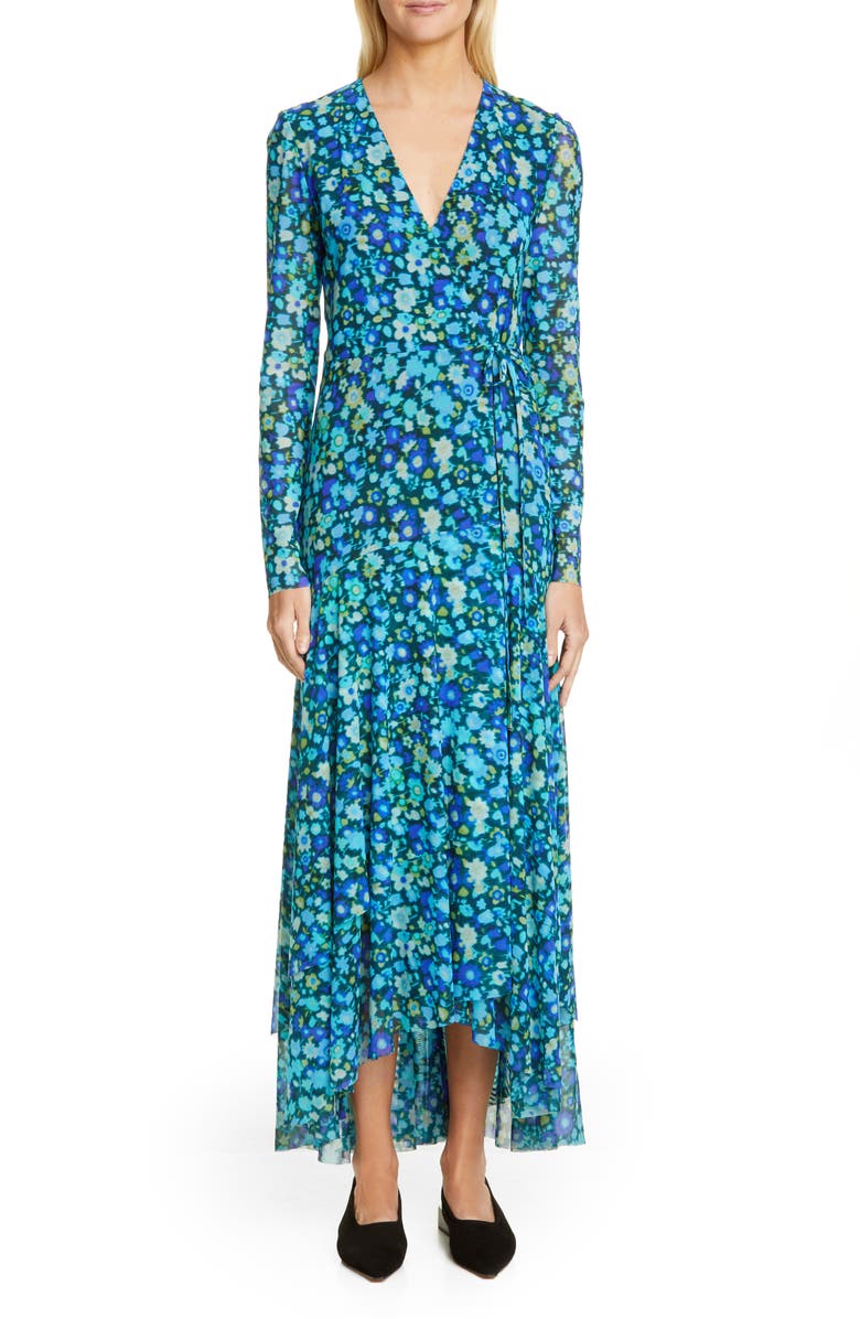 Ganni Floral Print Mesh Long Sleeve Maxi Wrap Dress, Main, color, 