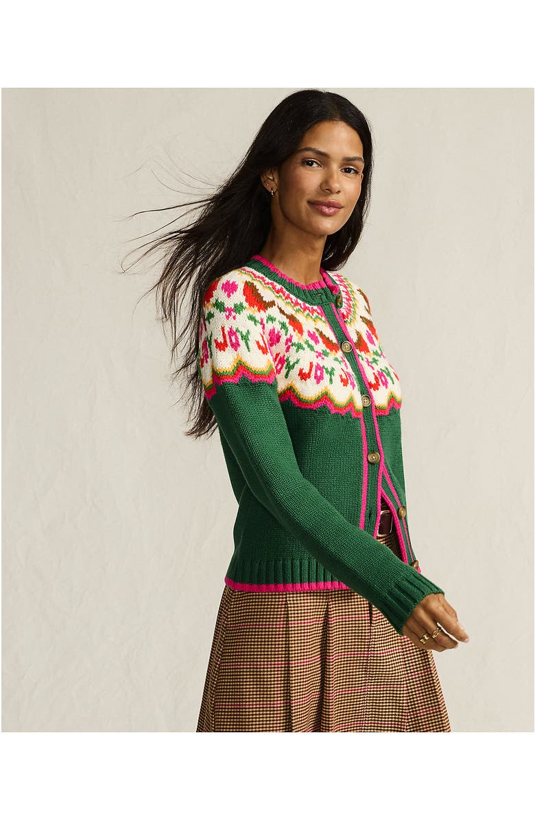 Lands' End Lofty Birdseye Fair Isle Cardigan Sweater, Alternate, color, Joy Birds/Green