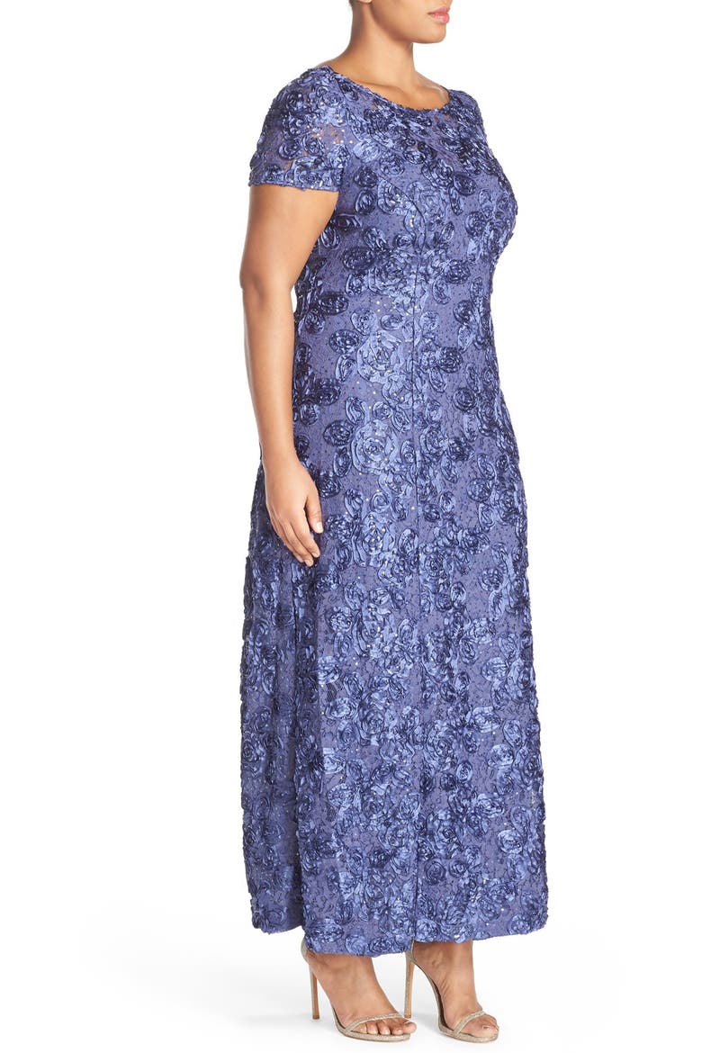Rosette Lace Short Sleeve A-Line Gown, Alternate, color, VIOLET