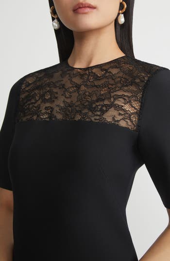 Lace Yoke Wool & Silk Crepe Sheath Dress