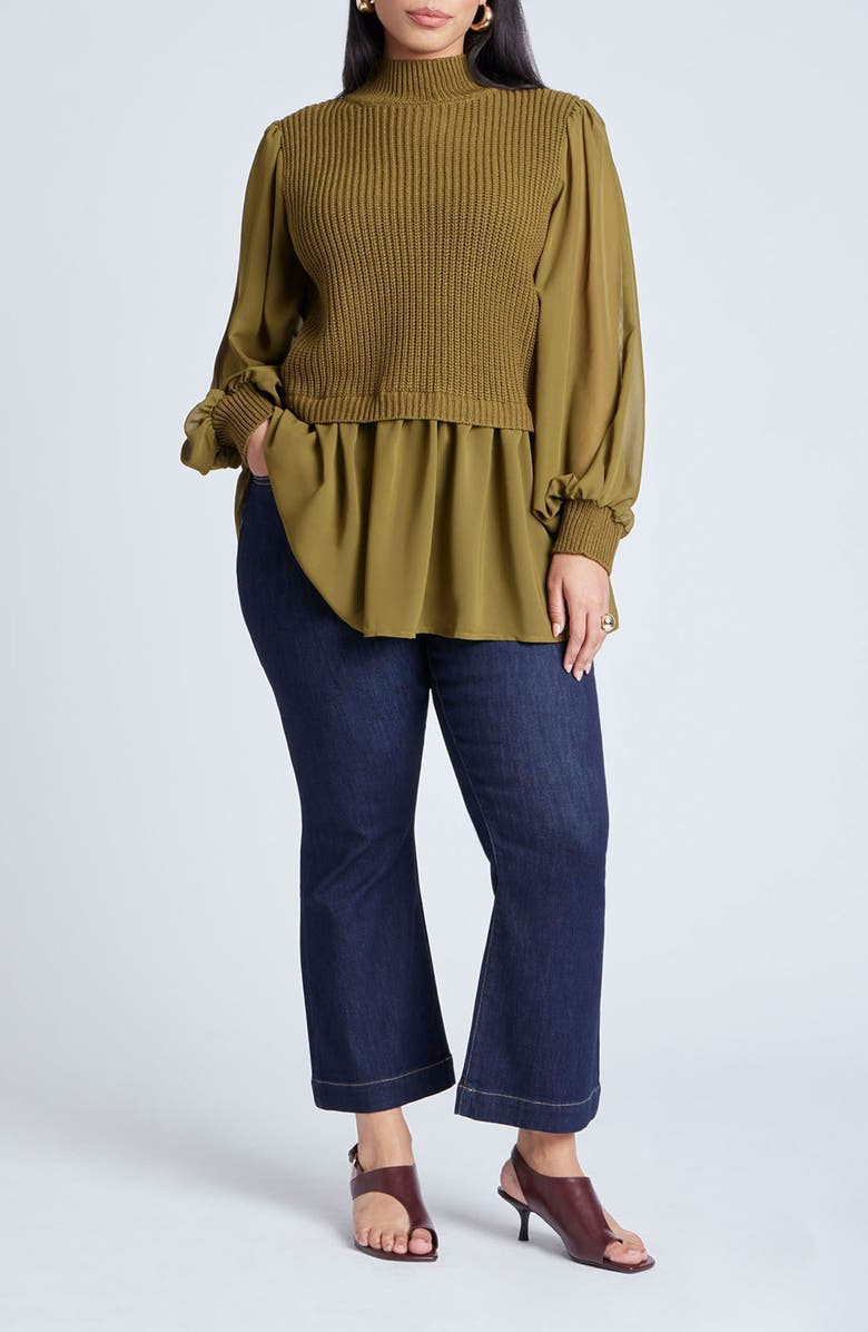 ELOQUII Mixed Media Mock Neck Tunic Sweater, Alternate, color, 