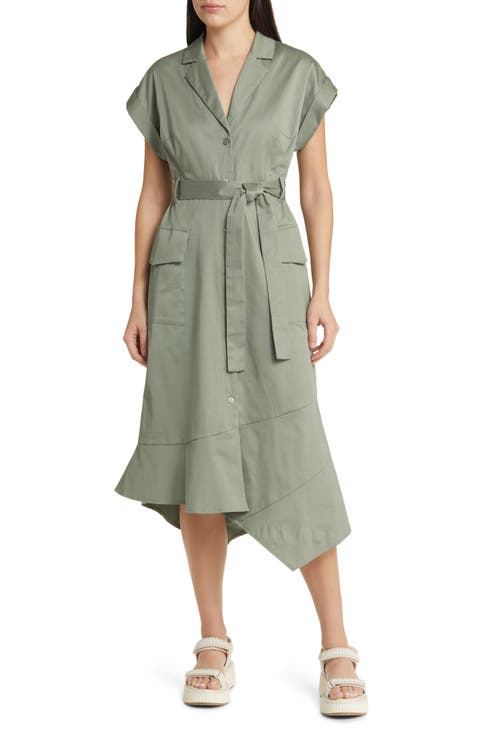 Tie Waist Asymmetric Hem Shirtdress