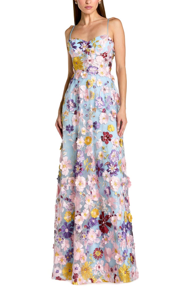Spaghetti Strap Floral Embroidered A-Line Gown, Main, color, Powder Blue Multi