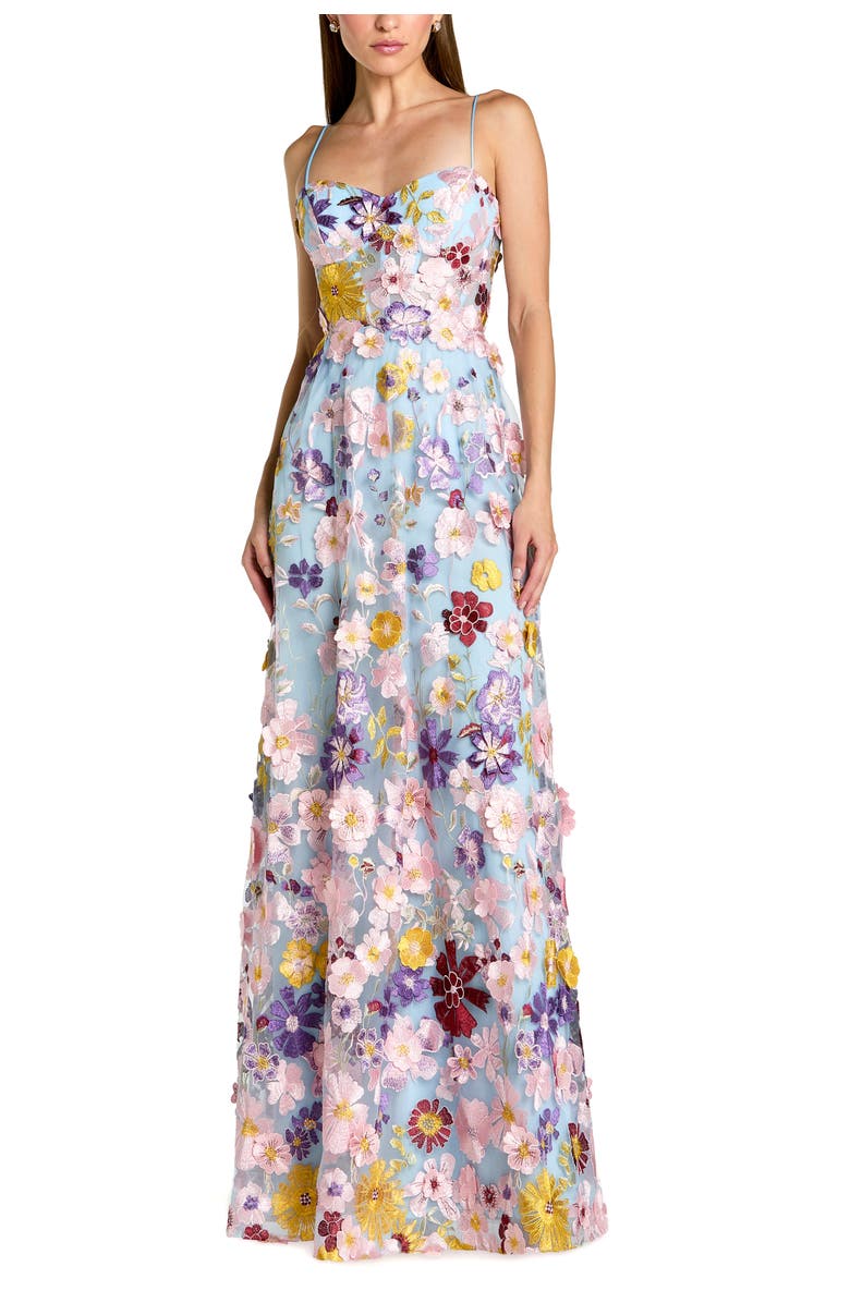 Mac Duggal Spaghetti Strap Floral Embroidered A-Line Gown, Main, color, Powder Blue Multi