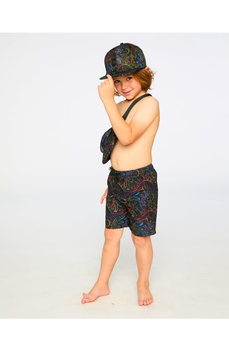 Deux par Deux Above the Knee Elastic Waist Dinosaur Swim Trunks, Alternate, color, Black Dinosaur Print