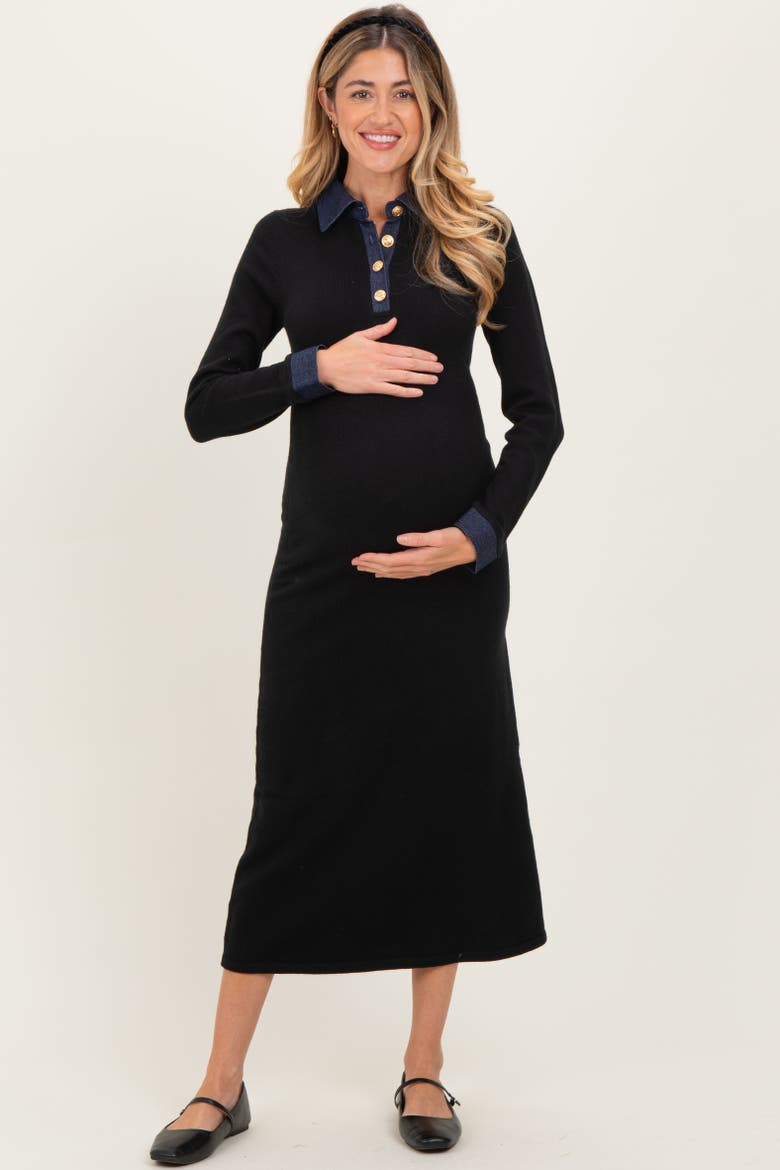 Denim Trim Knit Dress, Main, color, Black