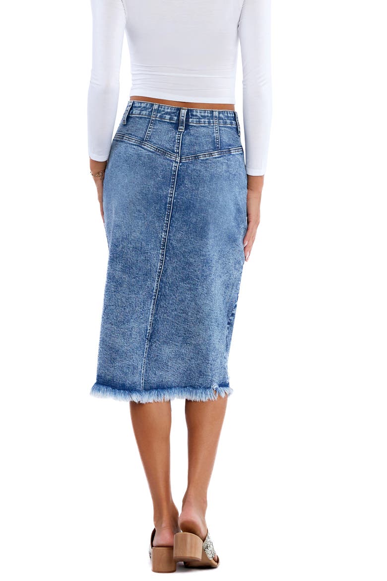 Loaded Crossover Waistband Raw Hem Midi Denim Skirt, Alternate, color, LOADED BLUE