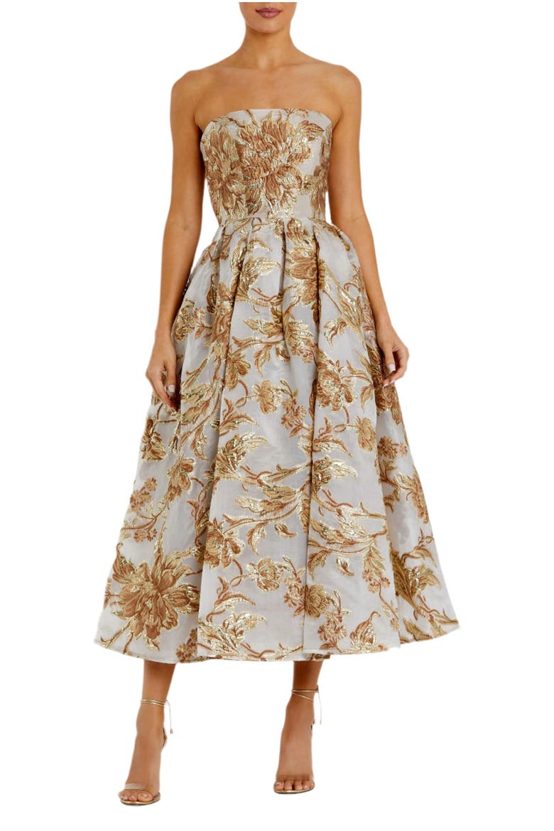 Petite Strapless Brocade Midi Dress with Pockets, Main, color, Bronze
