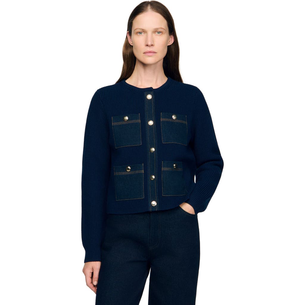 Sandro Alexandre Denim Trim Cardigan In Black