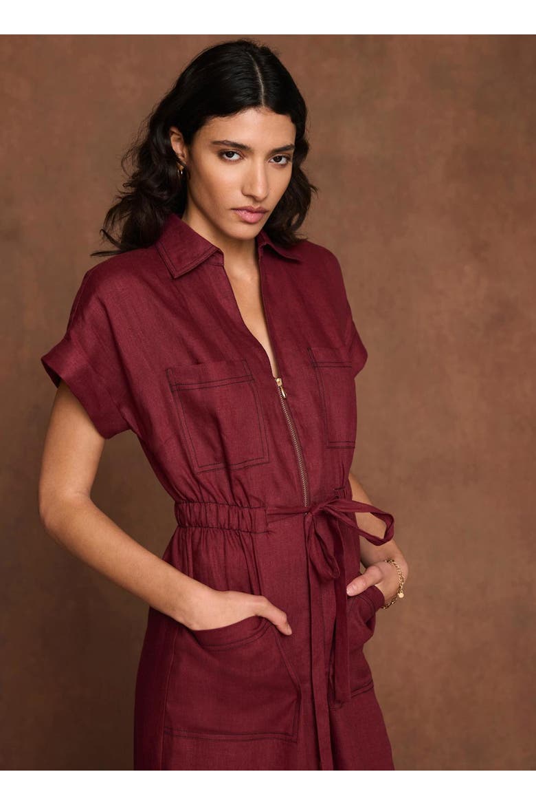 Linen Midi Shirt Dress, Alternate, color, Burgundy