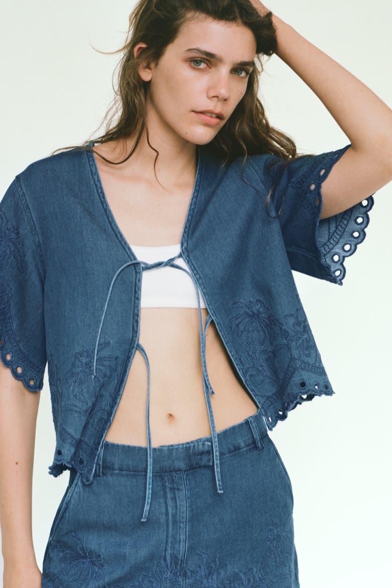 Embroidered Denim Blouse, Alternate, color, Dark denim blue