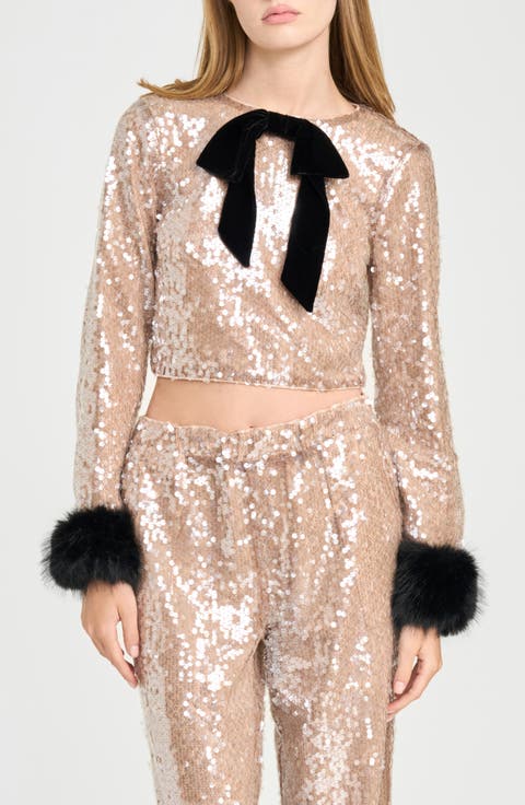 x Rose Lola Flash Sequined Crop Top with Faux Fur Cuffs