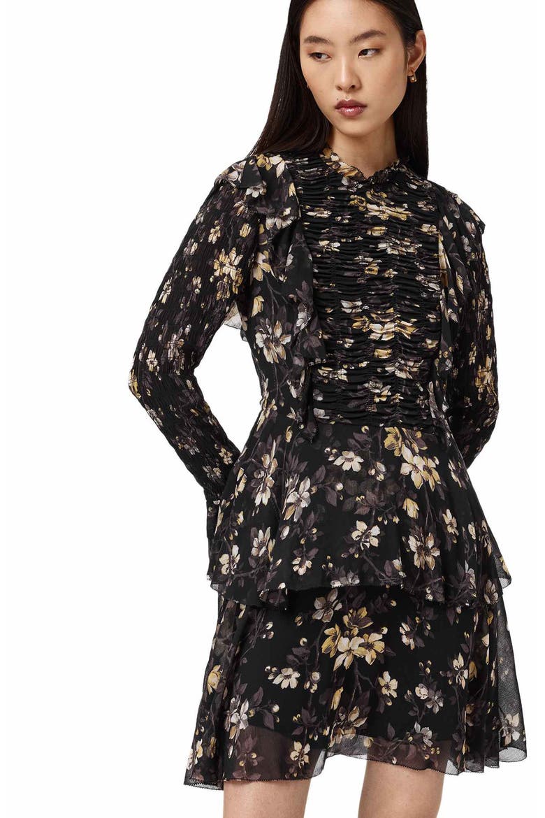 Portia Floral Long Sleeve Dress, Alternate, color, VINE BLACK
