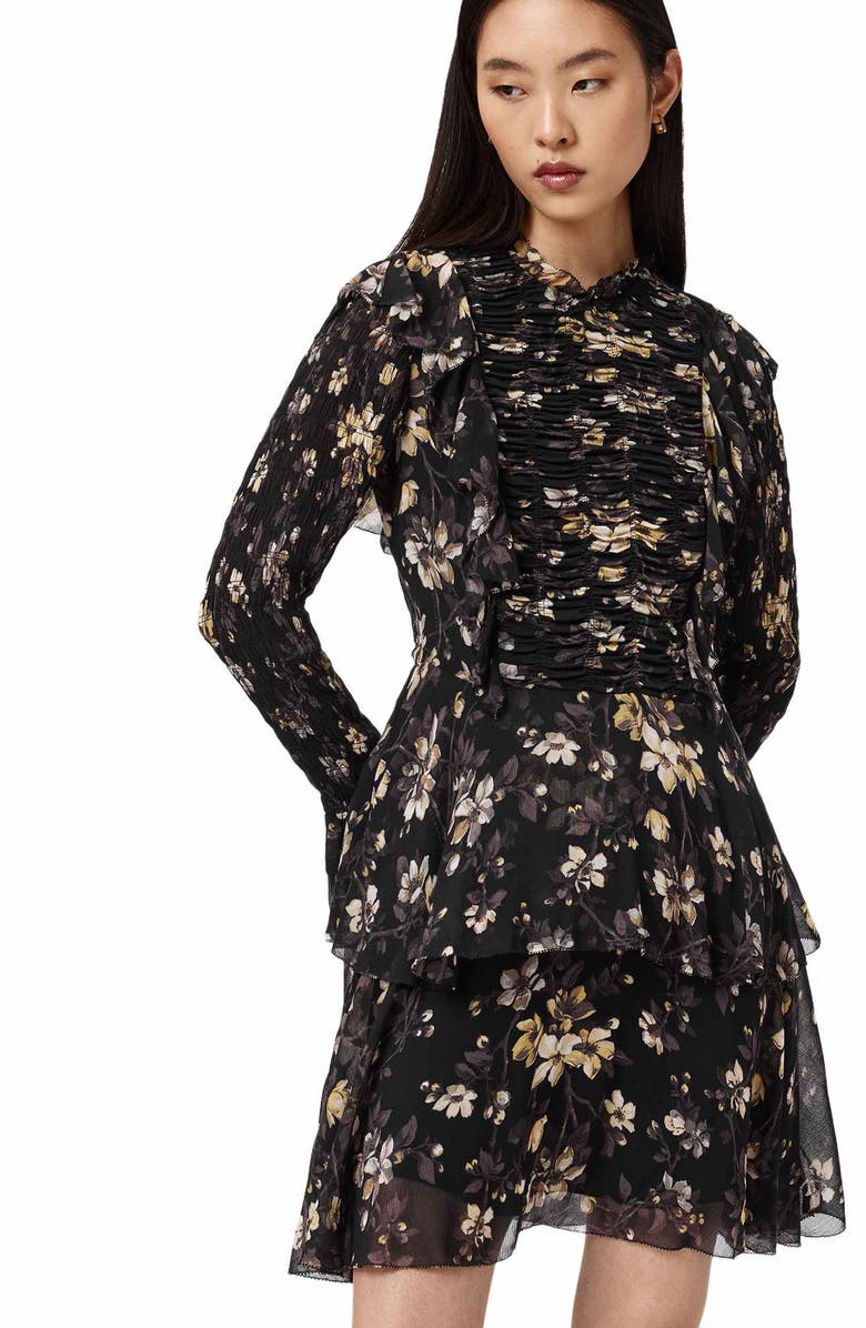 AllSaints Portia Floral Long Sleeve Dress, Alternate, color, Vine Black