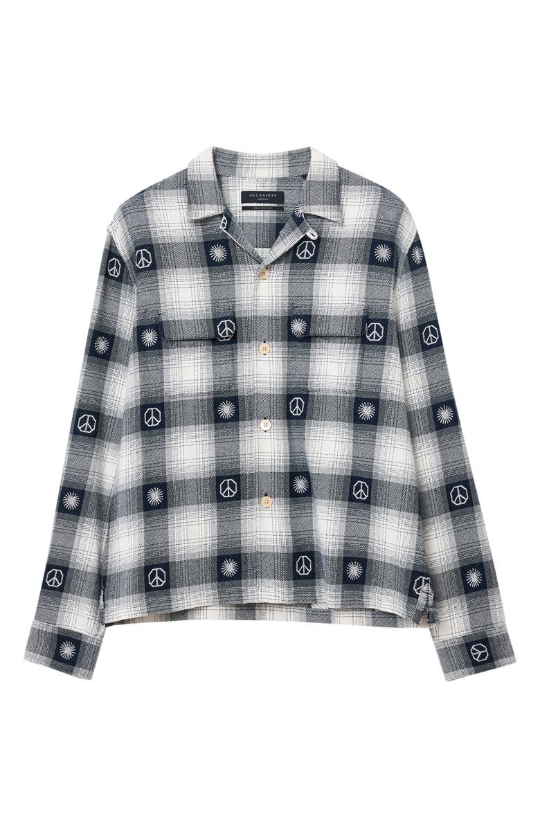 AllSaints Castor Embroidered Plaid Long Sleeve Camp Shirt, Alternate, color, Peacoat Blue