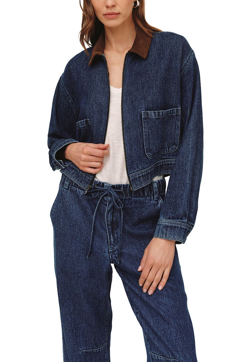 Corduroy Collar Cropped Zip Jacket, Main, color, DARK RINSE WASH