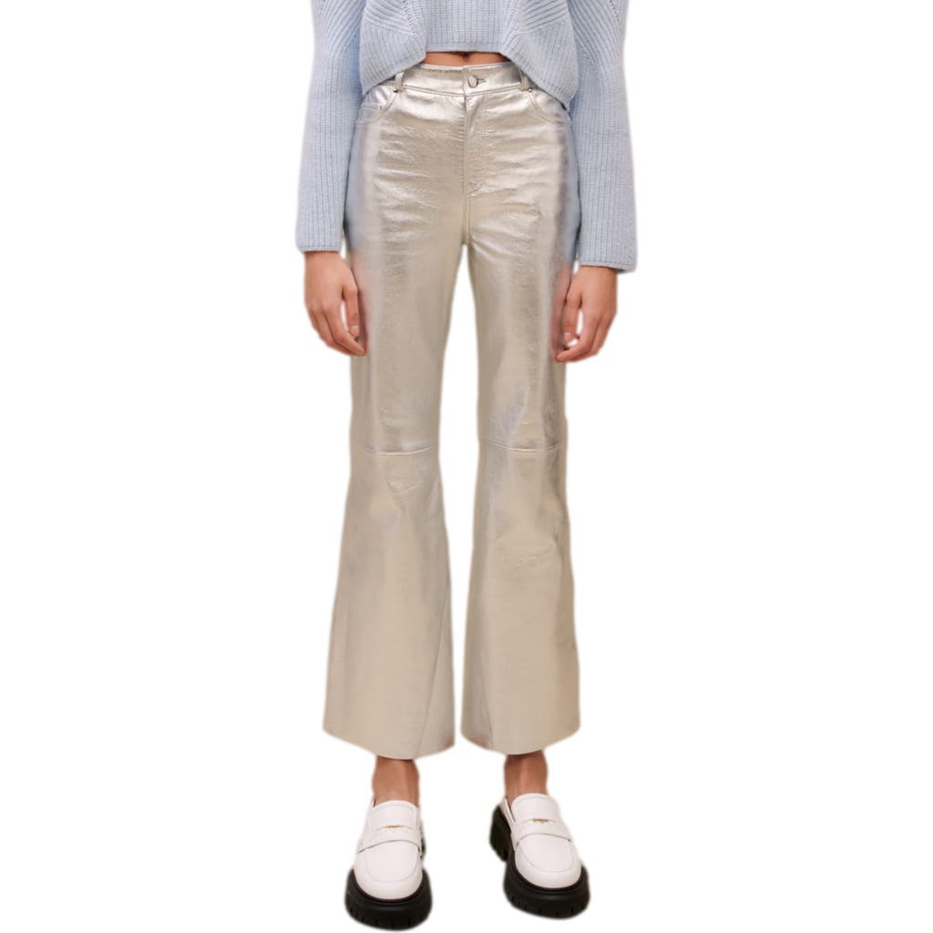 Maje Plutom Ankle Flare Metallic Leather Pants In Silver