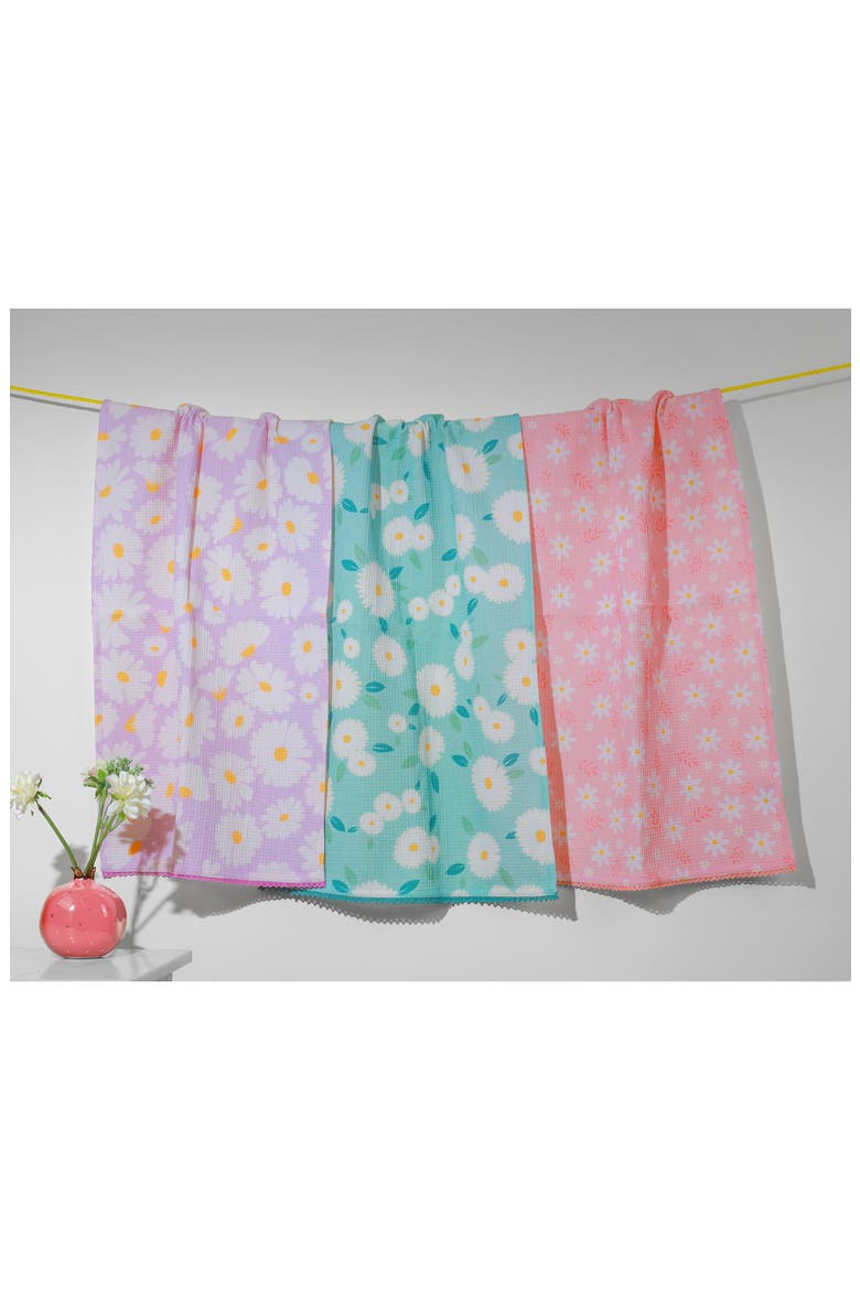 The Meadowland Daisy of 3 Cotton Waffle Kitchen Towels, Alternate, color, PASTEL PINK/ AQUA