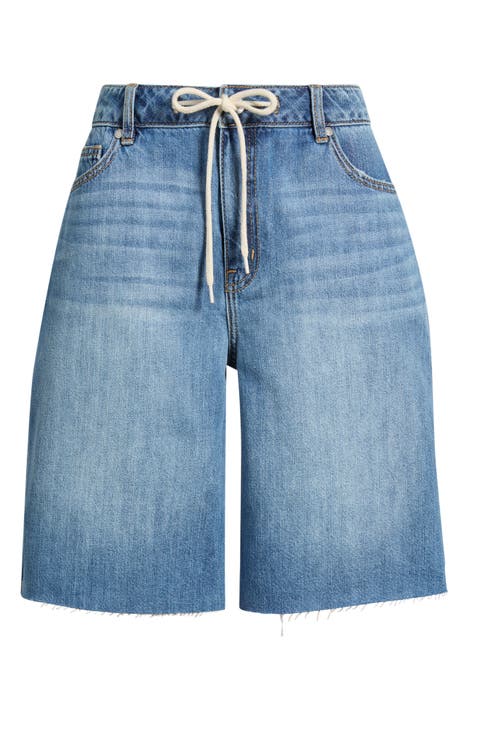 Raw Hem Drawstring Long Denim Shorts