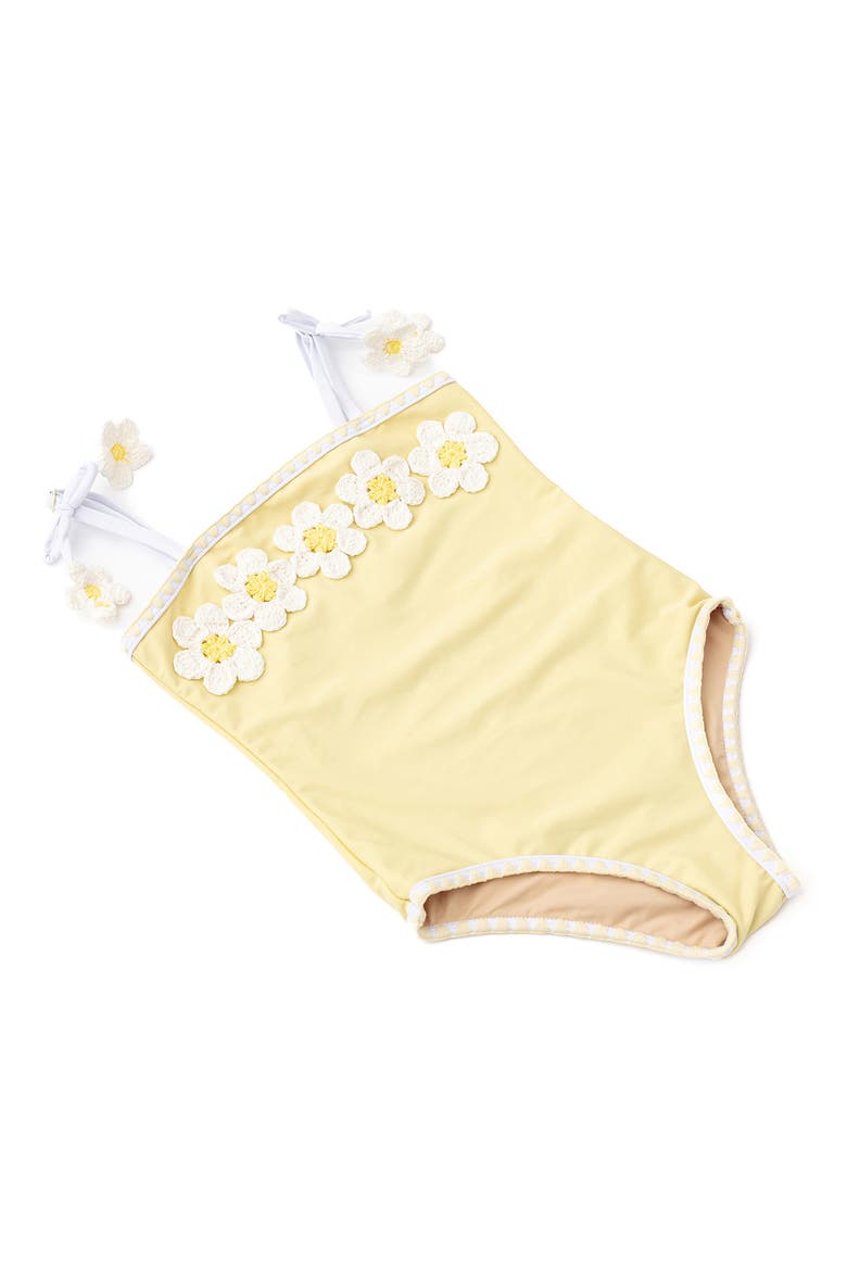 Kids' Embroidered Crochet Floral One-Piece Swimsuit, Alternate, color, YELLOW