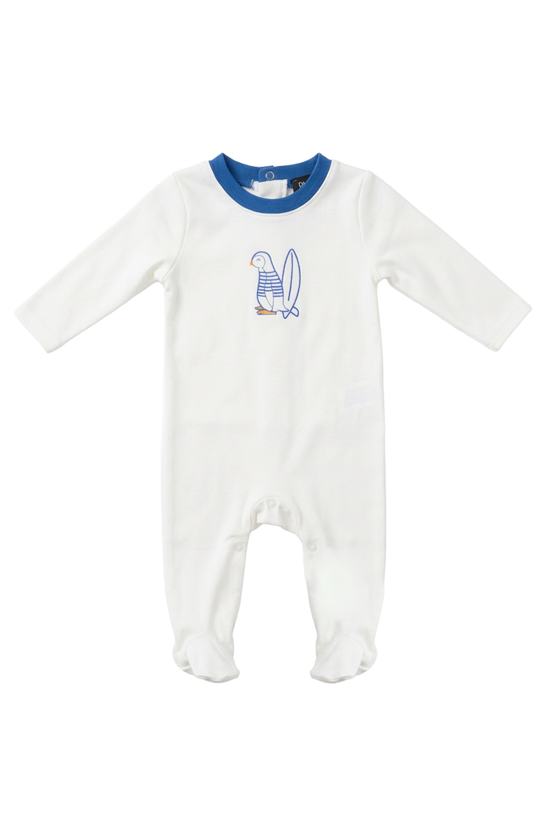 Puddles Surfing Sunday Penguin Cotton Spandex Covered Foot Romper, Main, color, Off White/Blue