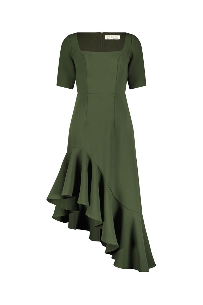 Crepe 3/4 Sleeve Asymmetrical Hem Belted Dress, Alternate, color, Dark Green