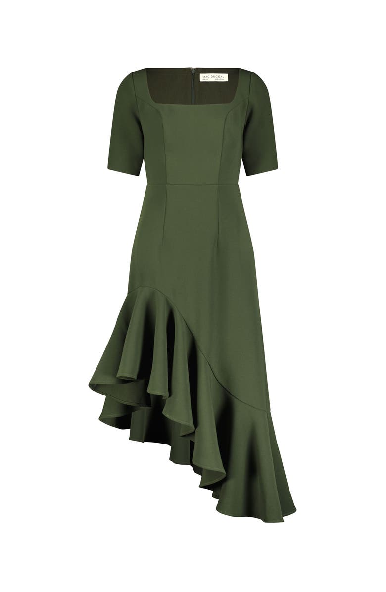 Mac Duggal Crepe 3/4 Sleeve Asymmetrical Hem Belted Dress, Alternate, color, Dark Green