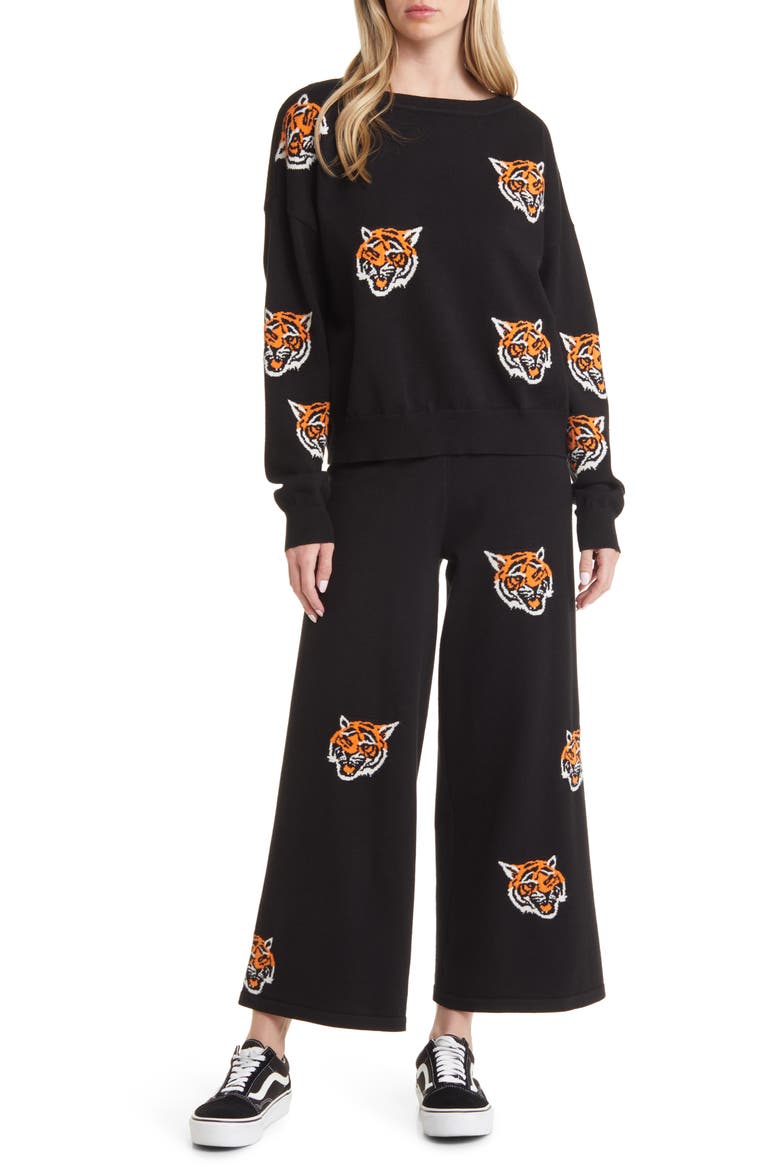 Fierce Knit Sweater & High Waist Wide Leg Pants Set, Main, color, BLACK