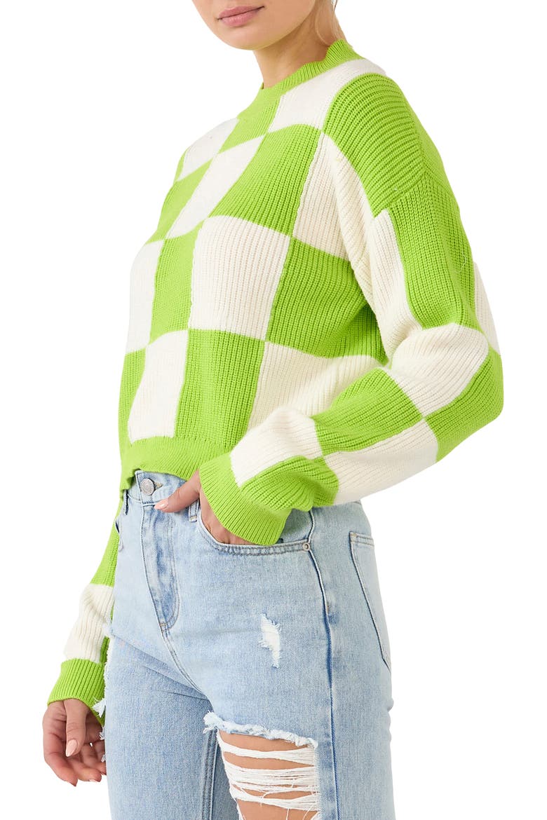 Checkerboard Cotton Blend Crewneck Sweater, Alternate, color, GREEN/ WHITE