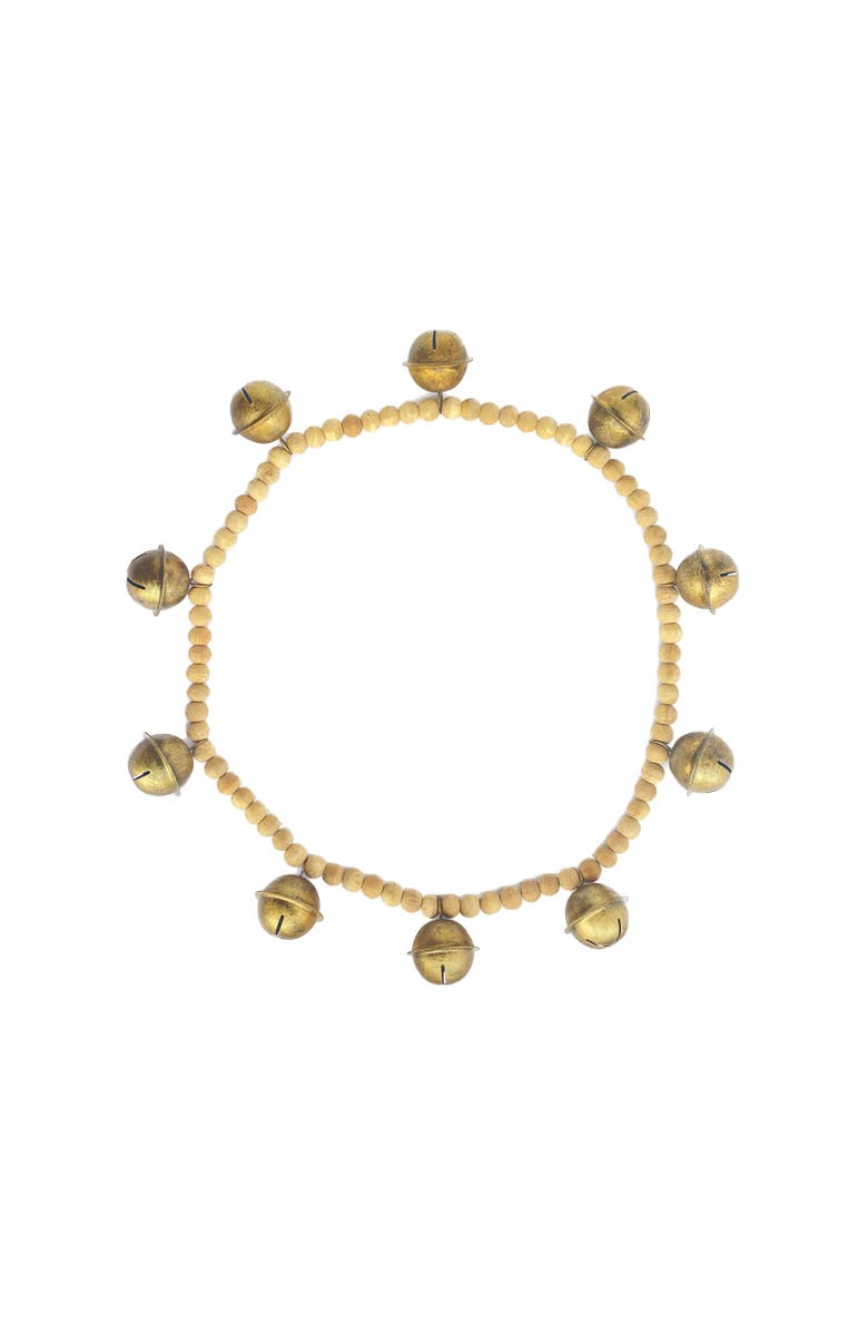 Storied Home Wood Bead and Metal Bell Garland, Natural and Antique Gold Finish, Main, color, Gold