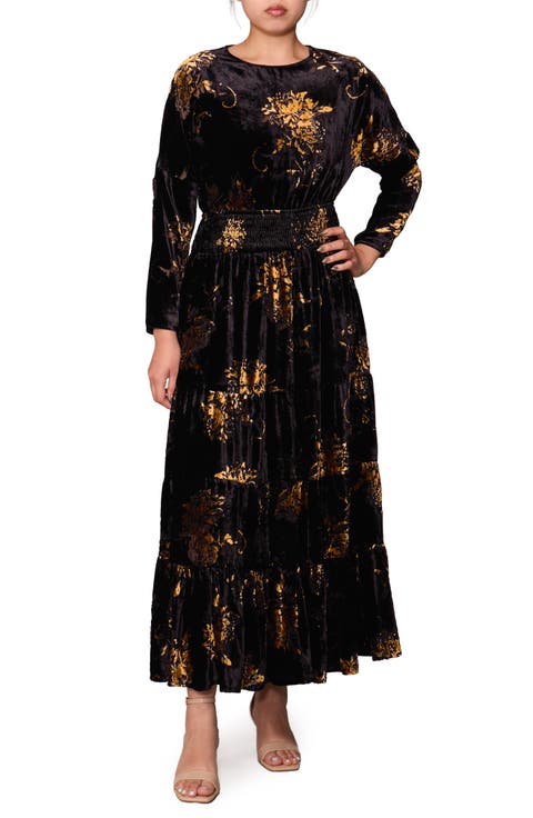 Floral Velvet Long Sleeve Maxi Dress